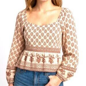 Sim & Sam bohemian floral print linen blend cropped long-sleeve top XL